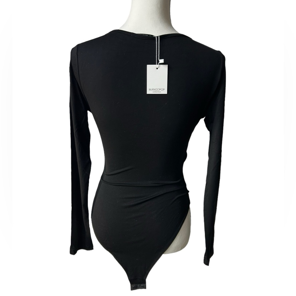 MANGOPOP womens black Bodysuit Deep V Neck Twist Knot Fitted Long sleeve NWT - Picture 4 of 5